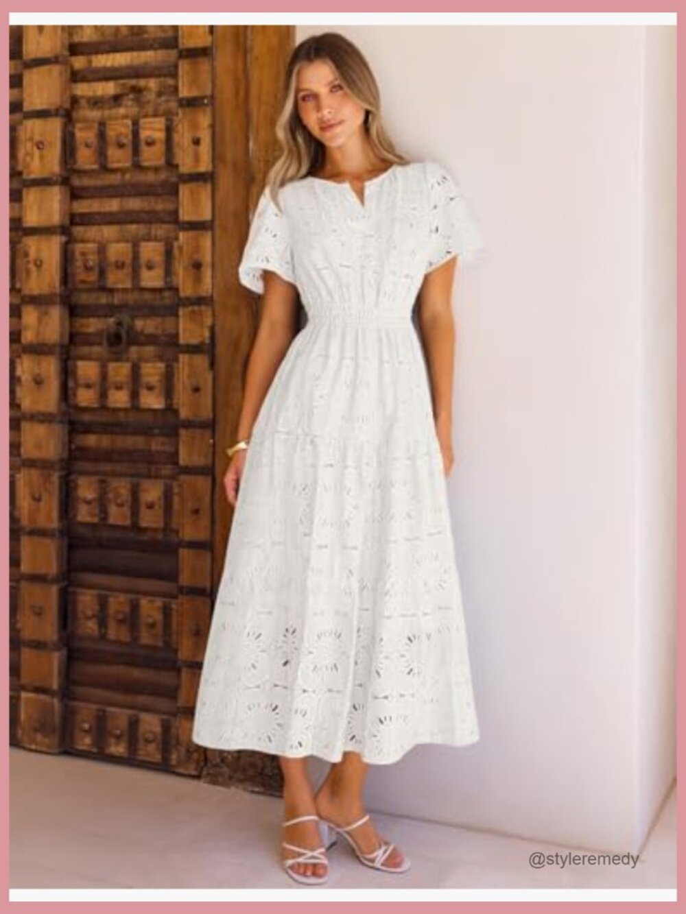 Floral Eyelet Maxi Dress with V-Neck and Tiered Hem - Picture 6 of 7